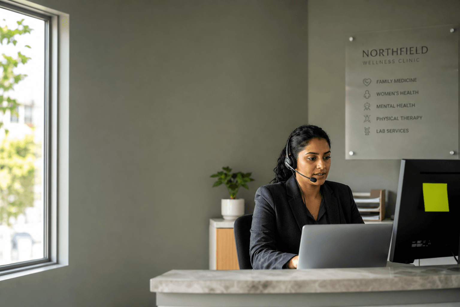 Front-desk operator taking a call on a headset in a cool clinic interior